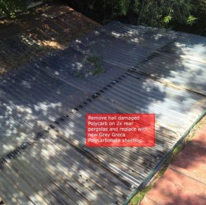 Hail damaged polycarb pergola roof replaced (before) - Templestowe (image)